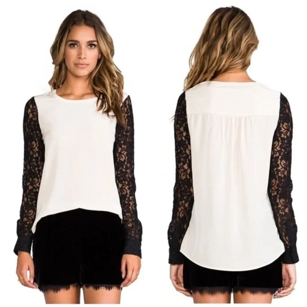 Diane Von Furstenberg Silk Louisa Lace Long Sleeve‎ Blouse Top 8   Cream Black